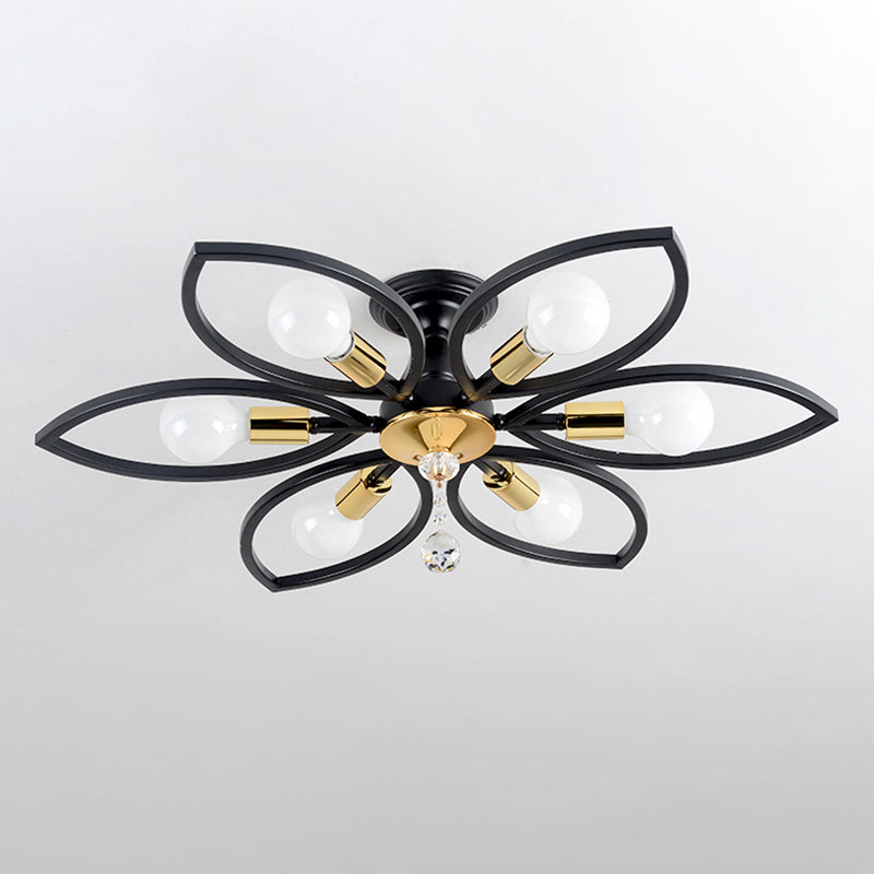 Floriated Semi Flush Mount in Industrial Retro Style Bare Bulb Metal Ceiling Light in Black