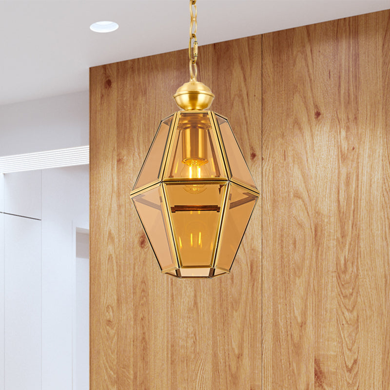 1 Bulb Ceiling Pendant Light Colonialism Living Room Hanging Lamp with Geometric Clear/Yellow Glass Shade