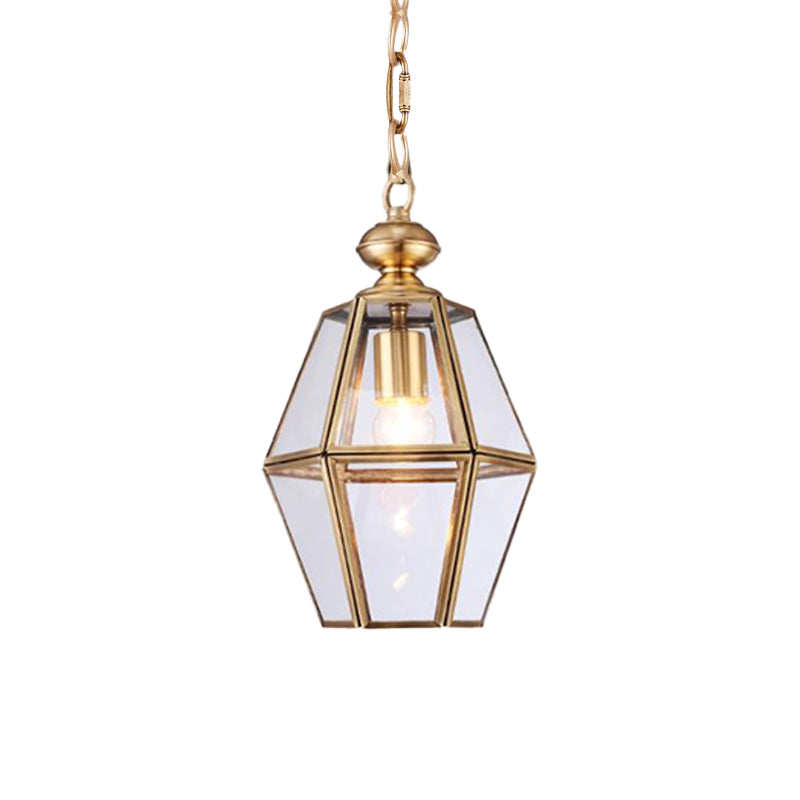 1 Bulb Ceiling Pendant Light Colonialism Living Room Hanging Lamp with Geometric Clear/Yellow Glass Shade
