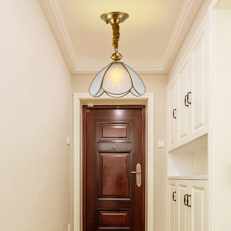 Costeo colonial colgante colgante 1 cabeza de vidrio blanco esbelto accesorio de iluminación suspendida para hall
