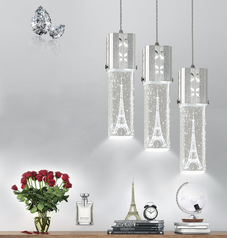 Etched Eiffel Tower Pendant Lamp Creative Minimalist Crystal Chrome Suspension Light