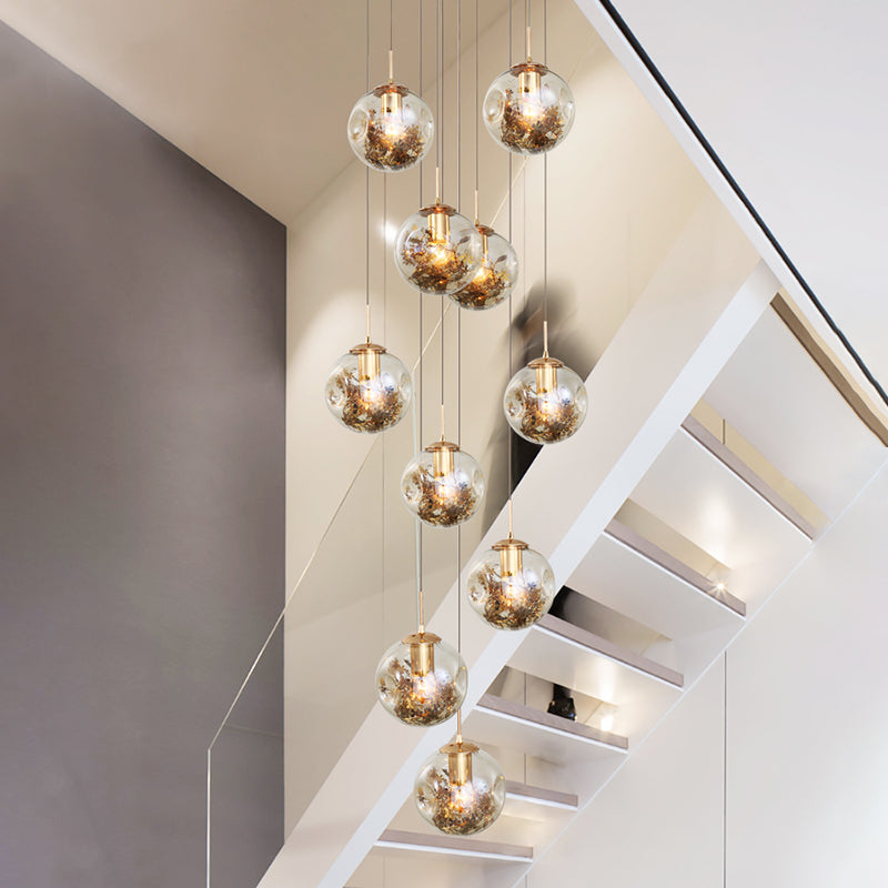 Spherical 10-Light Pendant Modern Cognac Glass Stairway Multiple Hanging Lamp with Shatter Flower Inside