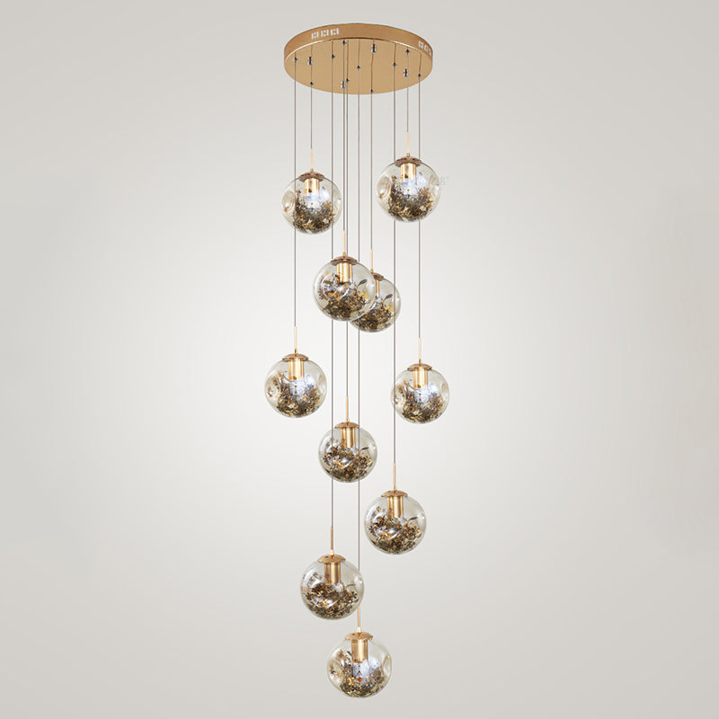 Spherical 10-Light Pendant Modern Cognac Glass Stairway Multiple Hanging Lamp with Shatter Flower Inside