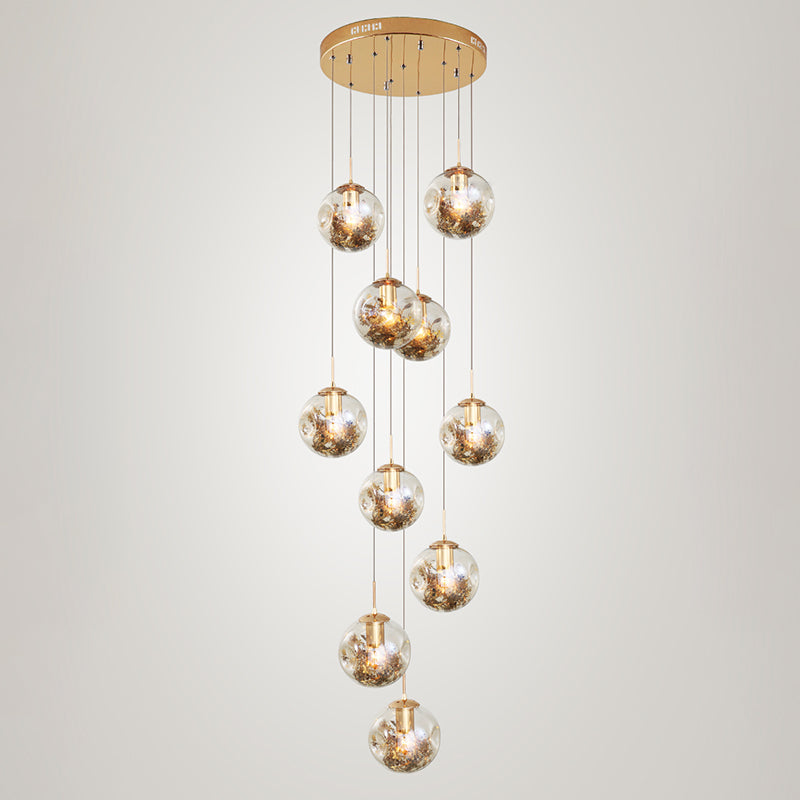Spherical 10-Light Pendant Modern Cognac Glass Stairway Multiple Hanging Lamp with Shatter Flower Inside