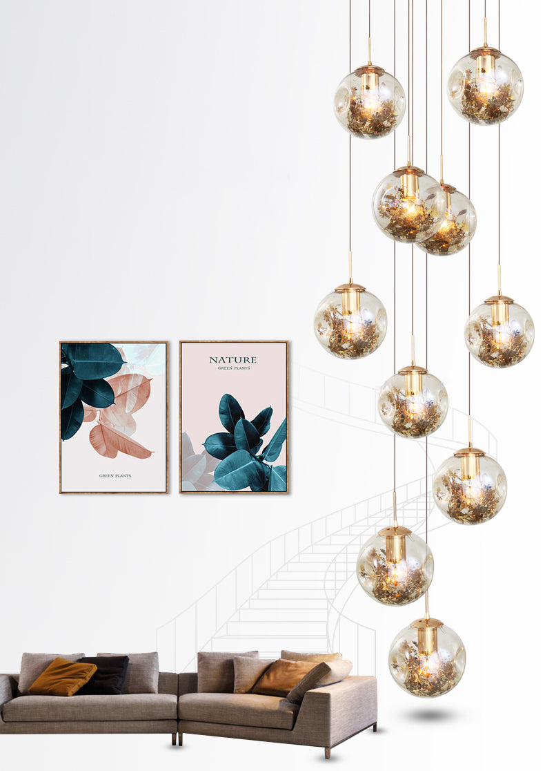 Spherical 10-Light Pendant Modern Cognac Glass Stairway Multiple Hanging Lamp with Shatter Flower Inside