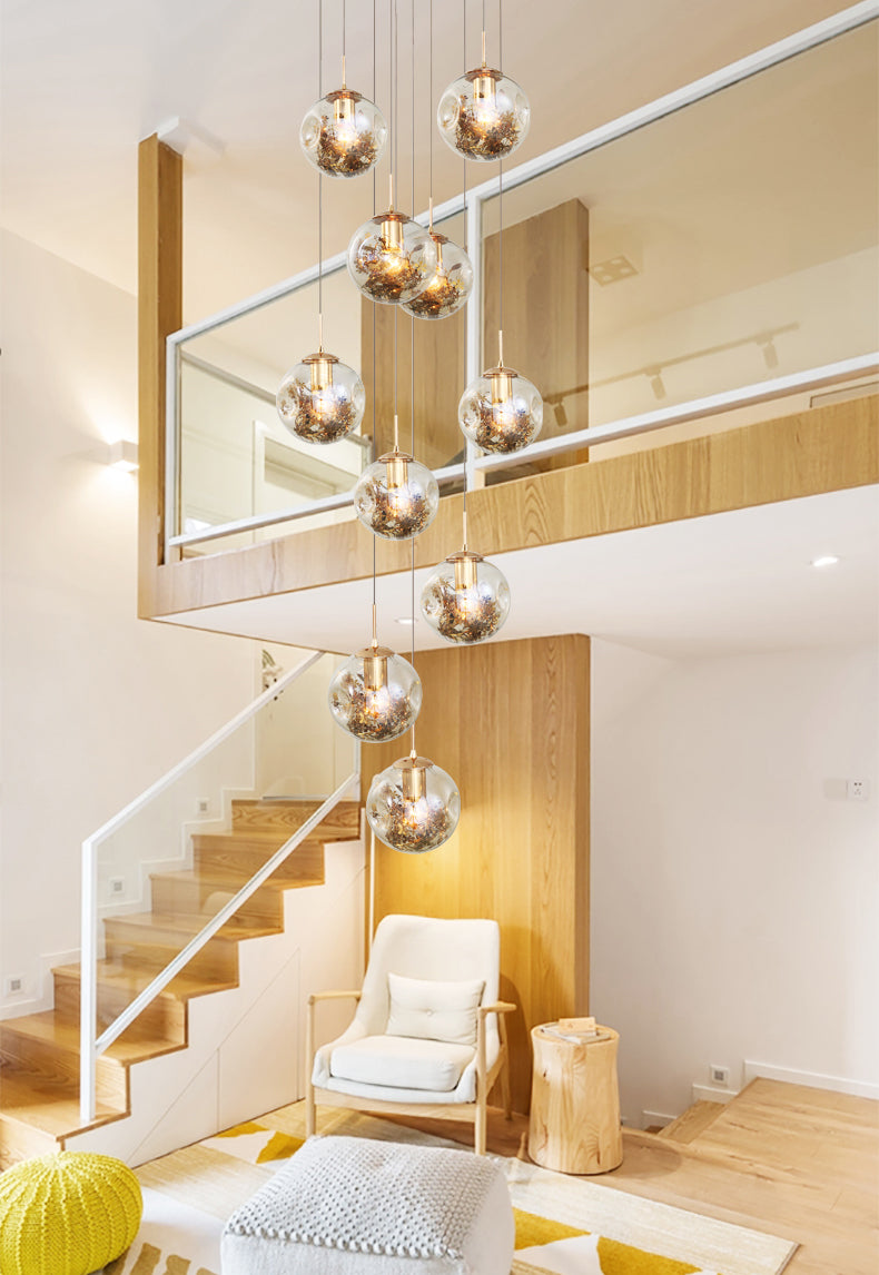 Spherical 10-Light Pendant Modern Cognac Glass Stairway Multiple Hanging Lamp with Shatter Flower Inside