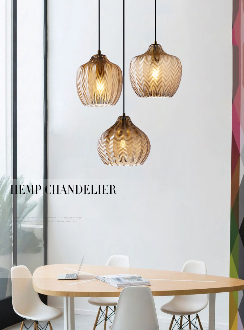 Melon Shaped Glass Suspension Lamp Nordic Style Hanging Light Fixture for Dining Room