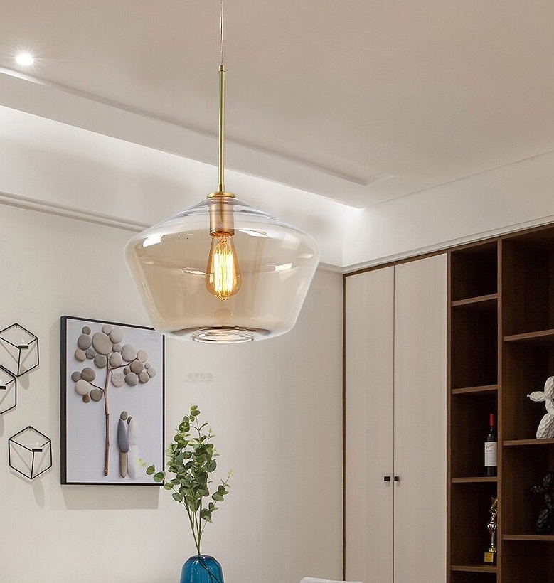 Modern minimalistisch handgeblazen glazen hanglampje Amber 1 lichte eetkamer hangend plafondlicht