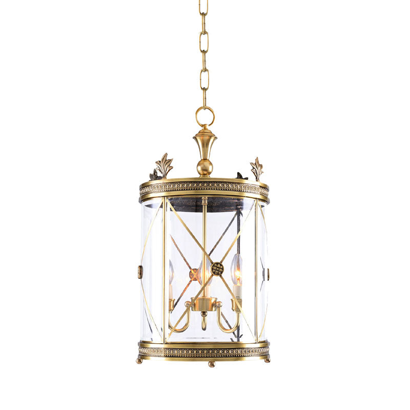 Colonialism Cylindrical Hanging Pendant 3 Heads Clear Glass Chandelier Lighting Fixture in Gold
