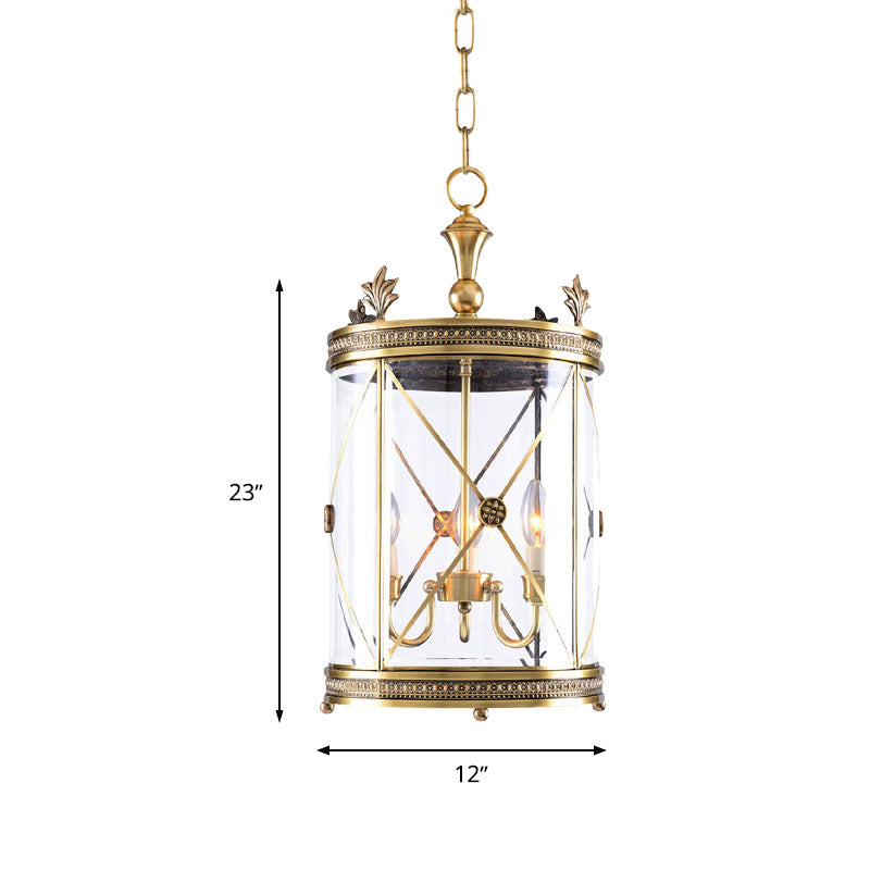 Colonialism Cylindrical Hanging Pendant 3 Heads Clear Glass Chandelier Lighting Fixture in Gold