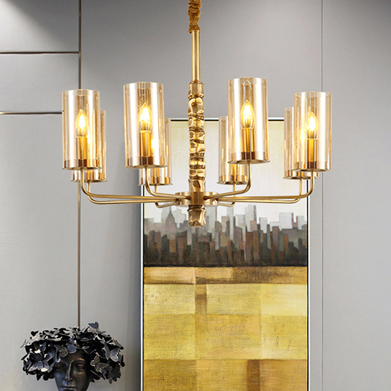 Gold 8 Heads Chandelier Lighting Colonialism Clear Glass Cylinder Pendant Ceiling Light