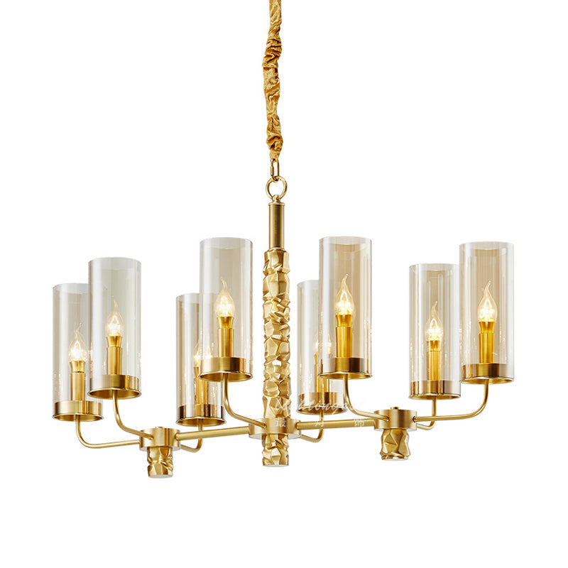 Gold 8 Heads Chandelier Lighting Colonialism Clear Glass Cylinder Pendant Ceiling Light