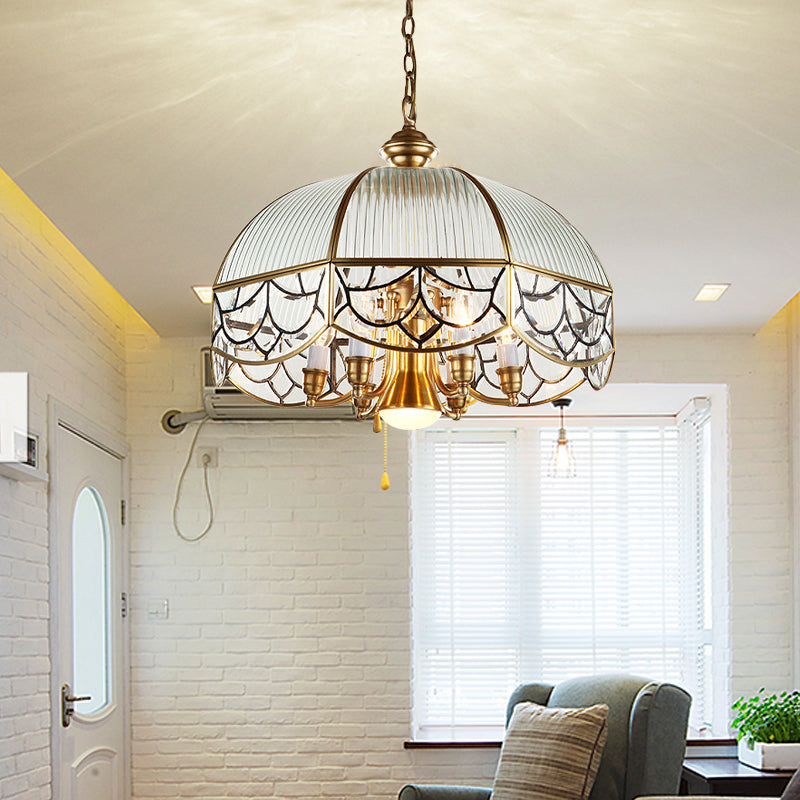 Colonial Scalloped Hanging Pendant 7 Heads Frosted Prismatic Glass Suspended Lighting Fixture in Brass