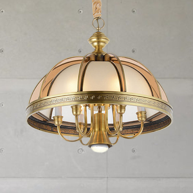 7 Bulbs Bowl Hanging Chandelier Colonial Brass Frosted Glass Ceiling Suspension Lamp for Kitchen, 16.5"/20.5" Wide