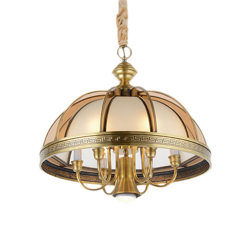 7 Bulbs Bowl Hanging Chandelier Colonial Brass Frosted Glass Ceiling Suspension Lamp for Kitchen, 16.5"/20.5" Wide