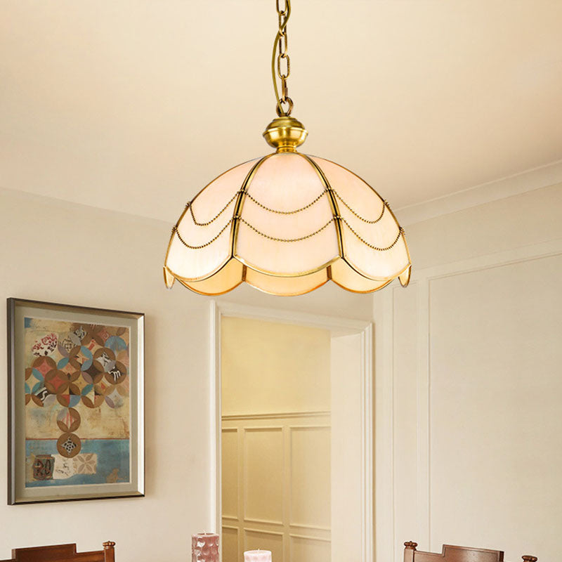 Scalloped White Glass Chandelier Light Colonialist 3 Bulbs Dining Room Pendant Lamp