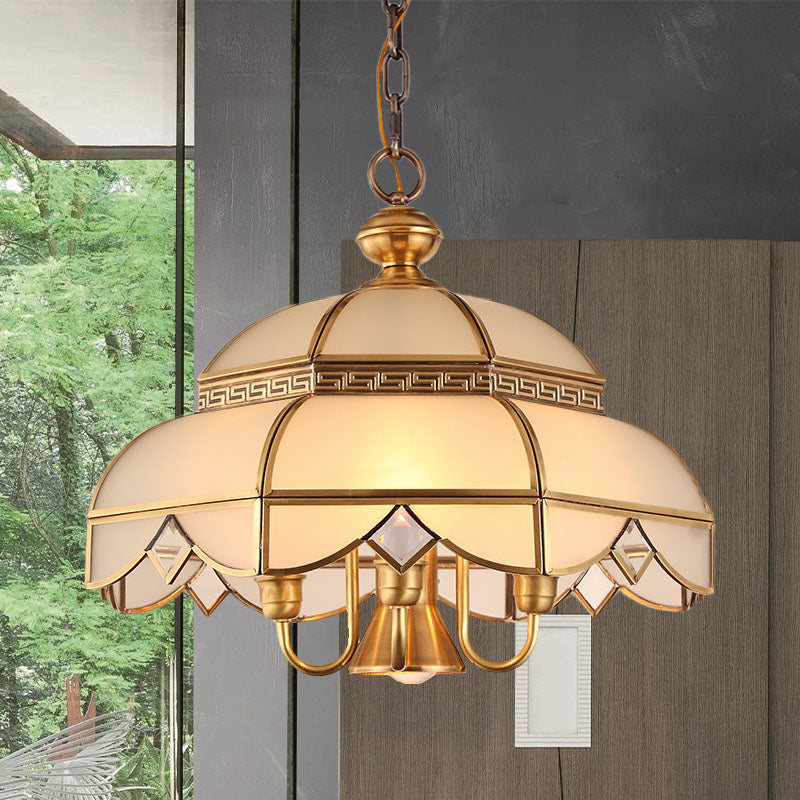 Brass 5 teste Lumo Luce Colonialismo Crema Crema Glass Dome Luce soffitto a sospensione per sala da pranzo