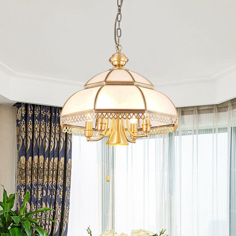 Milk Glass Dome Chandelier Lamp Colonial 5 Heads Bedroom Pendant Light Fixture in Brass