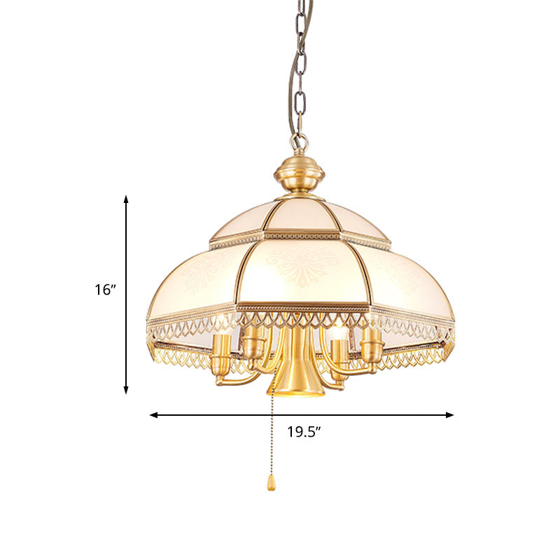 Milk Glass Dome Chandelier Lamp Colonial 5 Heads Bedroom Pendant Light Fixture in Brass