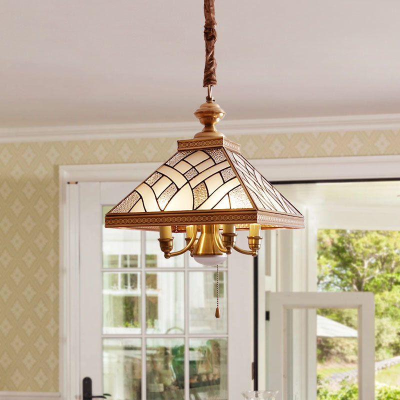 Frosted Glass Brass Chandelier Pyramid 5 Lights Colonialism Down Lighting Pendant for Dining Table