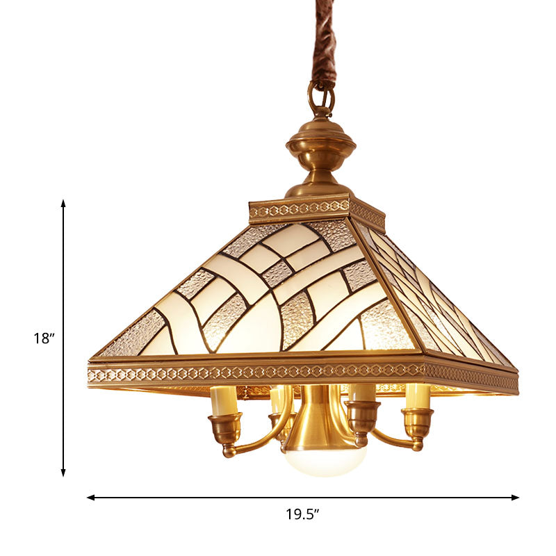 Frosted Glass Brass Chandelier Pyramid 5 Lights Colonialism Down Lighting Pendant for Dining Table