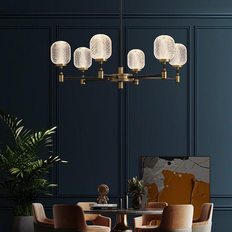 6 luces H65 Cobre Estilo moderno Candelera ovalada Prismática Vidry Shade Iluminación de iluminación para sala de estar