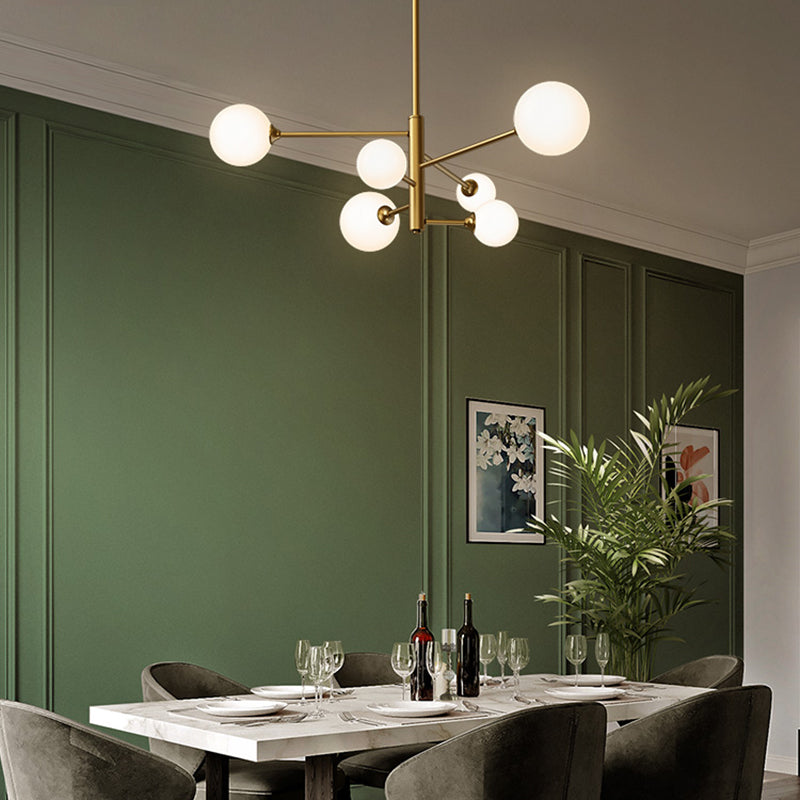 Contemporary Simplicity Molecular Chandelier White Glass Orb Brass Hanging Light for Dining Room