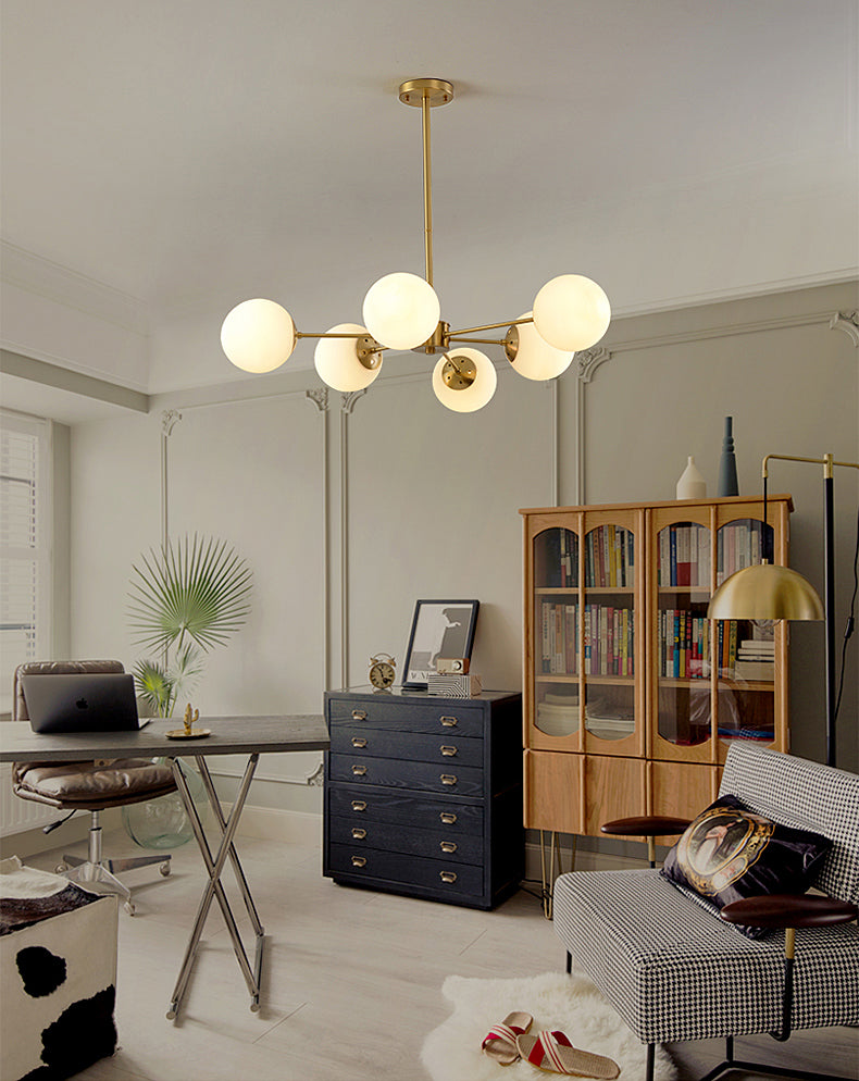 Gold Nordic Style Full Brass Lighting Fixture White Glass Ball Shade Molecular Large Chandelier