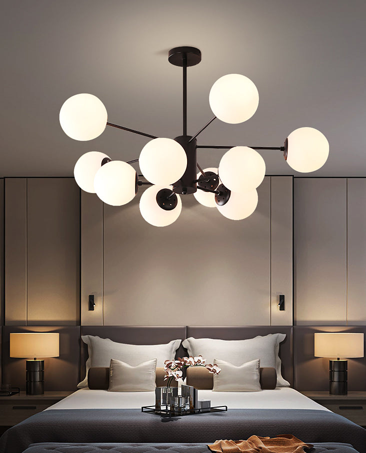 Black Nordic Style Full Brass Lighting Fixture White Glass Ball Shade Molecular Large Chandelier