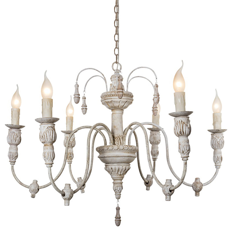 Hand Carving Aged Solid Wood Chandelier 6-light Rustic Style Candlestick Design Lighting Fixture for Coffee Shop