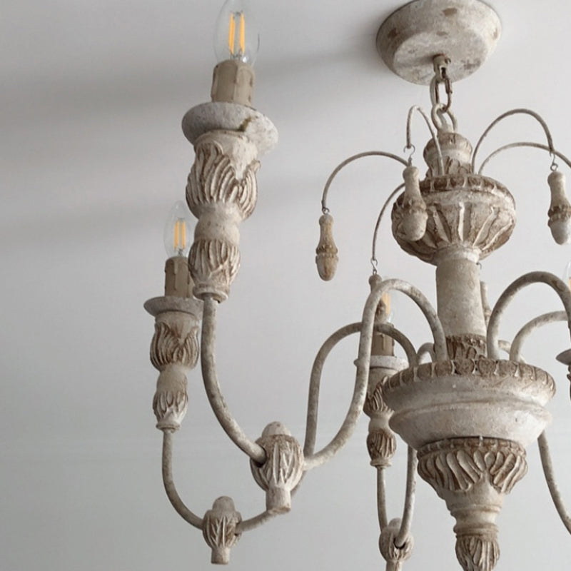 Hand Carving Aged Solid Wood Chandelier 6-light Rustic Style Candlestick Design Lighting Fixture for Coffee Shop