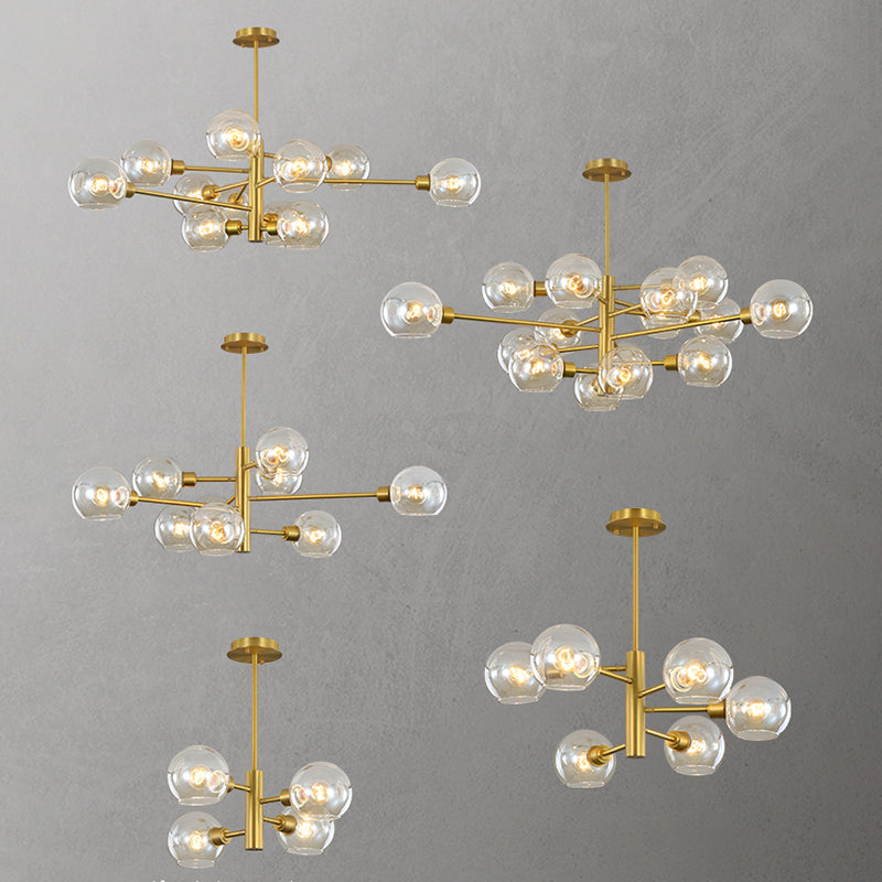 Full Copper Molecular Styling Chandelier Transparent Glass Orb Nordic Simplicity Lighting Fixture in Gold