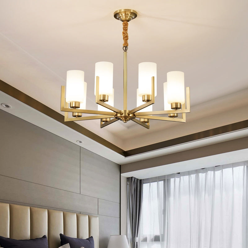 Cylindrical White Glass Shade Brass Chandelier American Style Simplicity Lighting Fixture for Living Room