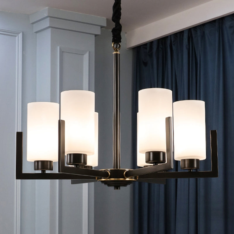 Cylindrical White Glass Shade Brass Chandelier American Style Simplicity Lighting Fixture for Living Room