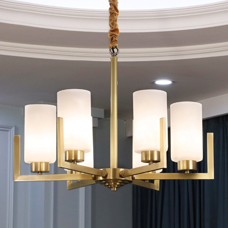 Cylindrical White Glass Shade Brass Chandelier American Style Simplicity Lighting Fixture for Living Room