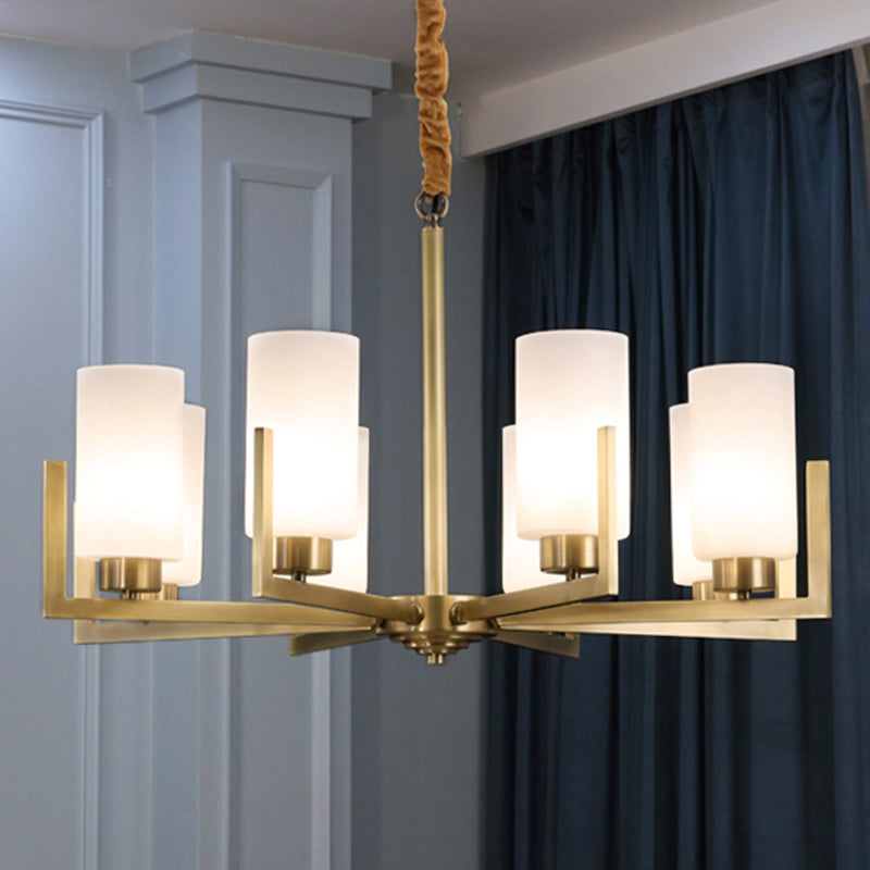 Cylindrical White Glass Shade Brass Chandelier American Style Simplicity Lighting Fixture for Living Room