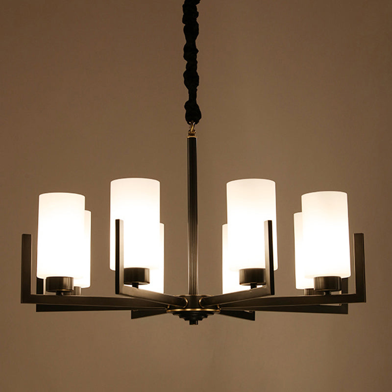 Cylindrical White Glass Shade Brass Chandelier American Style Simplicity Lighting Fixture for Living Room