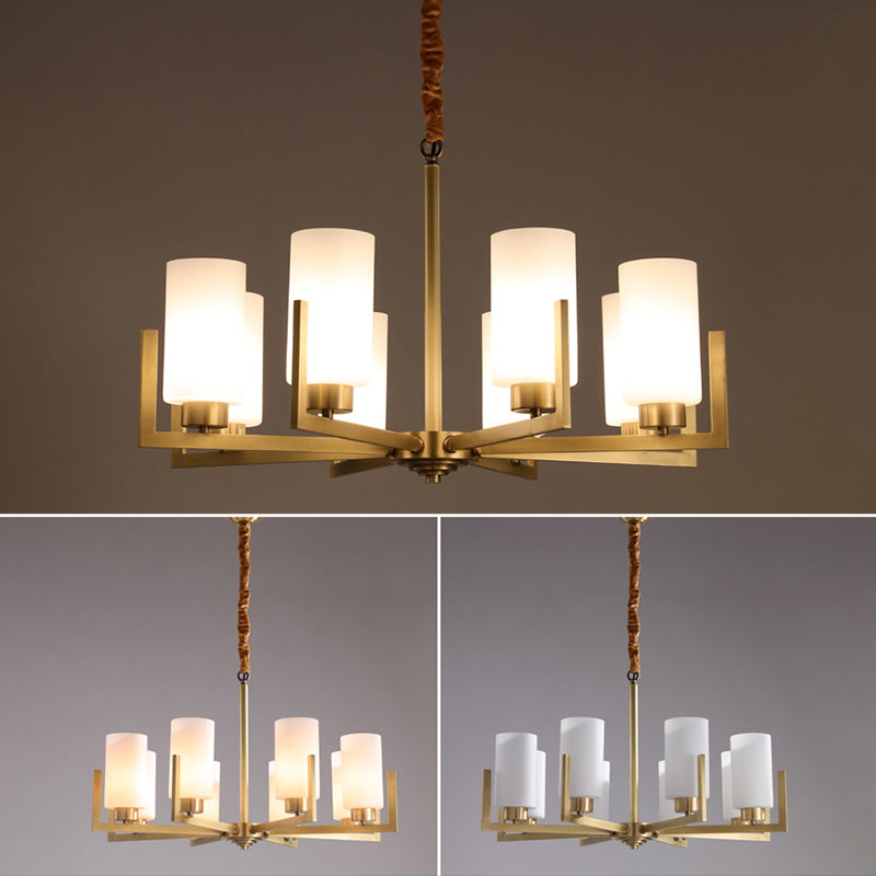 Cylindrical White Glass Shade Brass Chandelier American Style Simplicity Lighting Fixture for Living Room