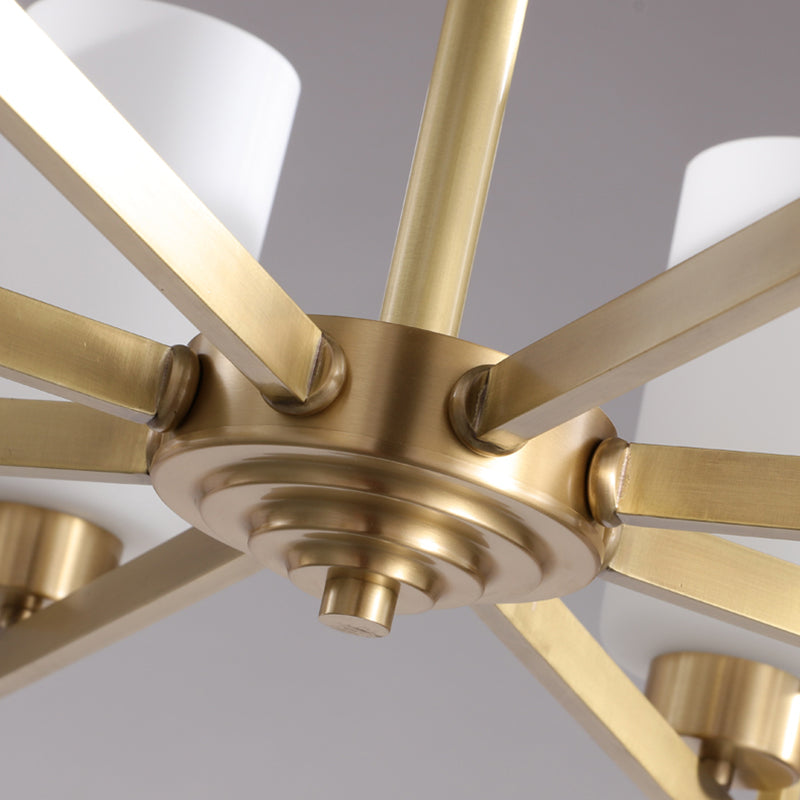 Cylindrical White Glass Shade Brass Chandelier American Style Simplicity Lighting Fixture for Living Room