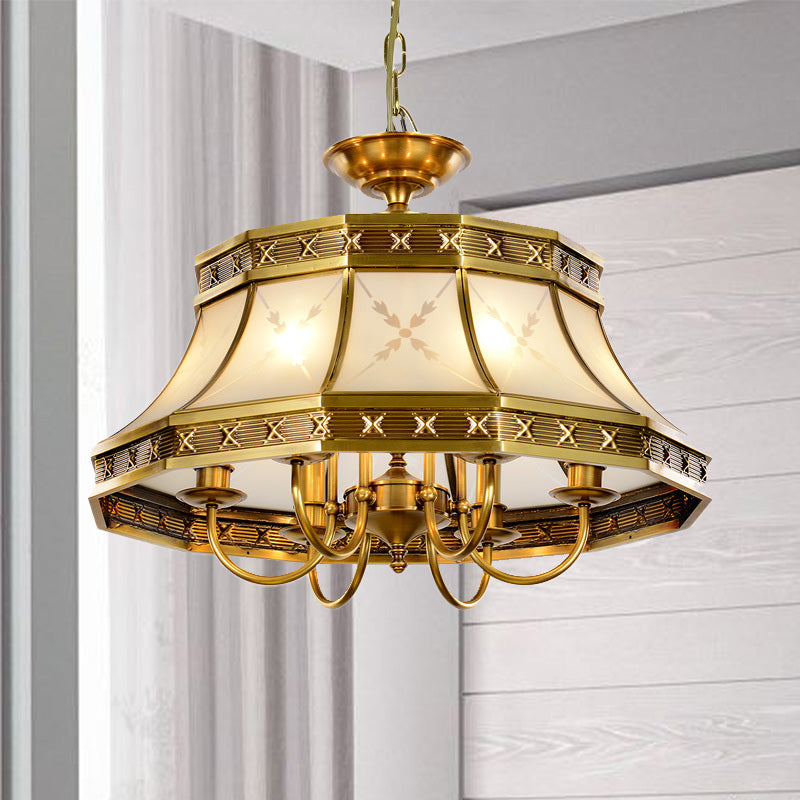 4 Bulbs Sandblasted Glass Chandelier Colonial Brass Bell Bedroom Pendant Lighting Fixture