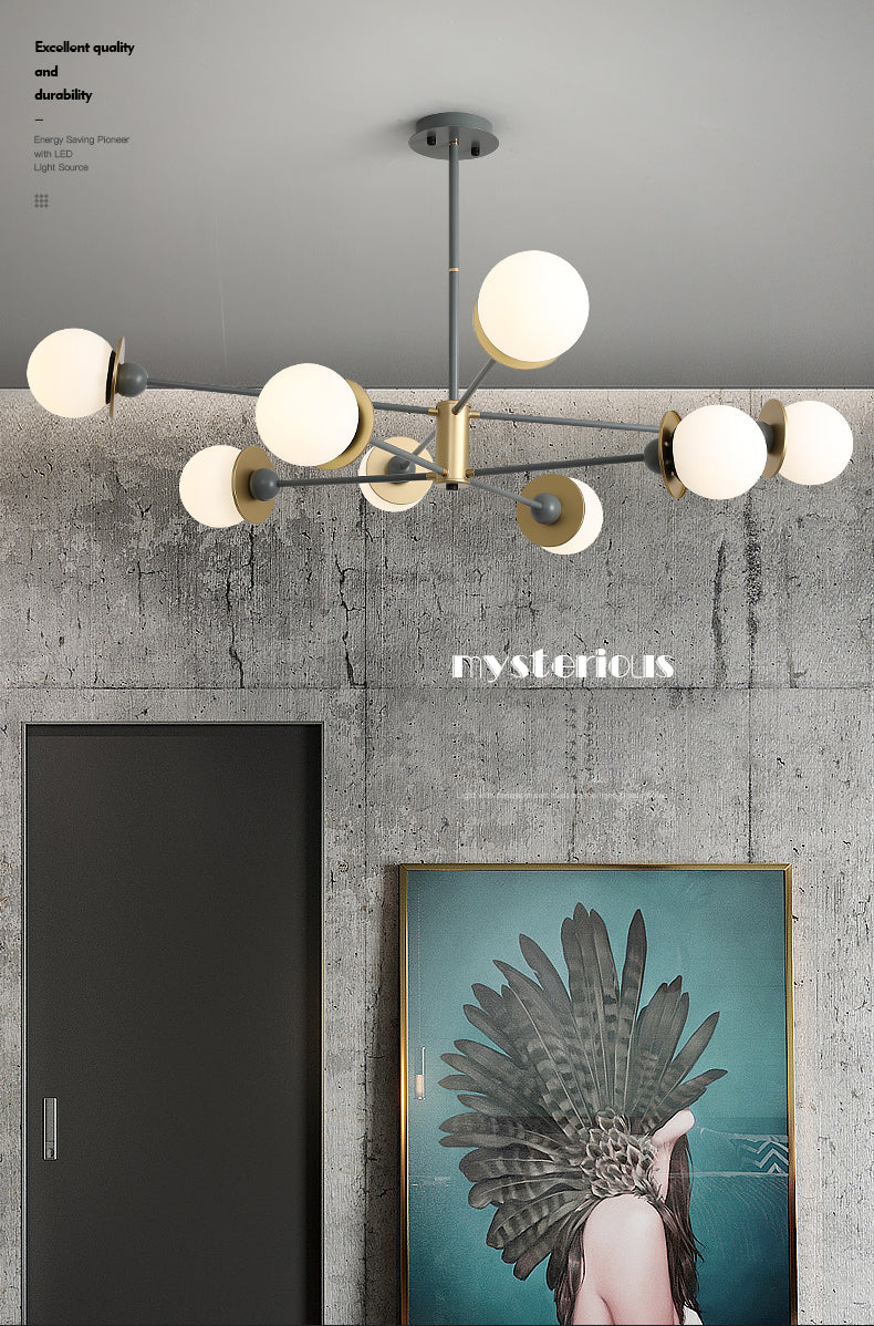 8-Light Contemporary Simplicity Glass Chandelier Round Metal Sheet Design Molecular Styling Lighting Pendant