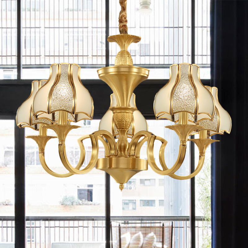 Gold 5/6 Heads Chandelier Light Colonialist  Metal Curved Arm Suspended Lighting Fixture with Opal-White Glass Shade