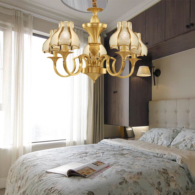 Gold 5/6 Heads Chandelier Light Colonialist  Metal Curved Arm Suspended Lighting Fixture with Opal-White Glass Shade