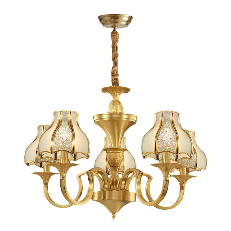 Gold 5/6 Heads Chandelier Light Colonialist  Metal Curved Arm Suspended Lighting Fixture with Opal-White Glass Shade