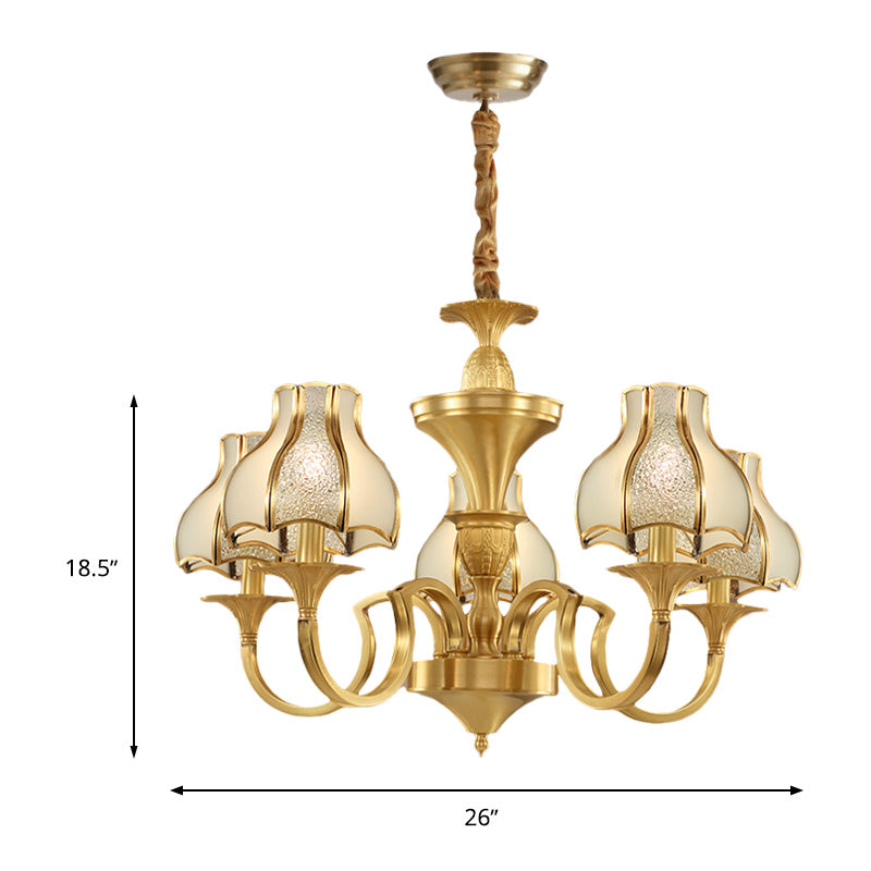 Gold 5/6 Heads Chandelier Light Colonialist  Metal Curved Arm Suspended Lighting Fixture with Opal-White Glass Shade