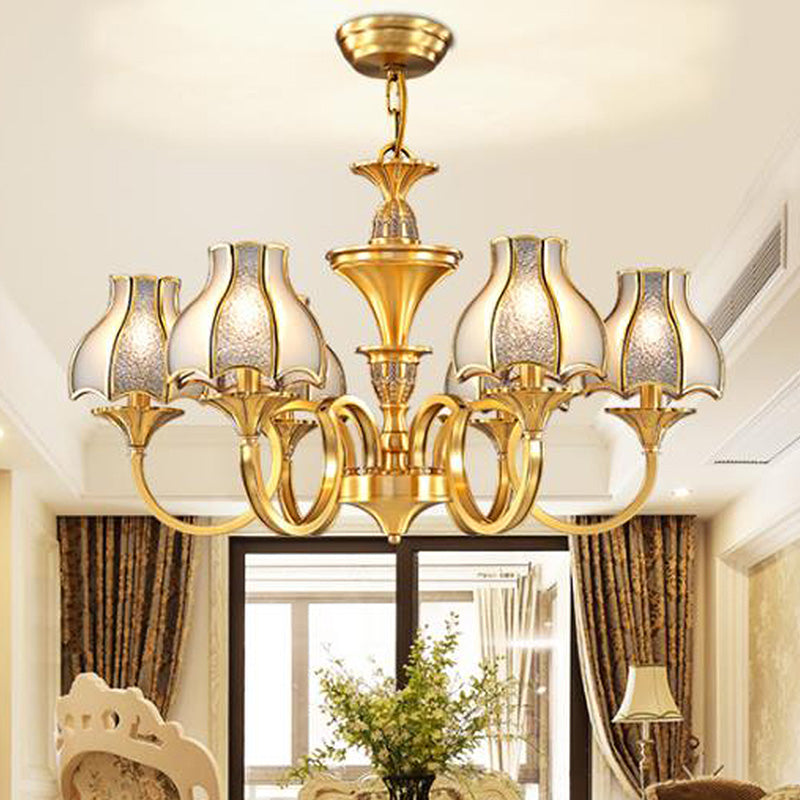 Gold 5/6 Heads Chandelier Light Colonialist  Metal Curved Arm Suspended Lighting Fixture with Opal-White Glass Shade