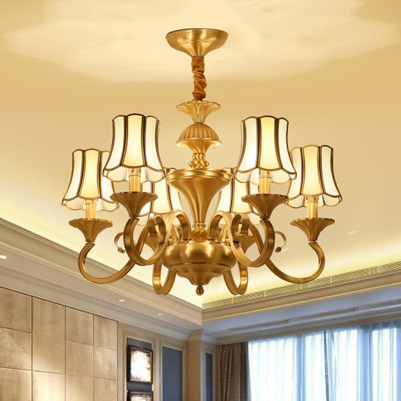 Frosted Glass Gold Pendant Chandelier Flared 3/6 Lights Colonialism Ceiling Hang Fixture for Bedroom