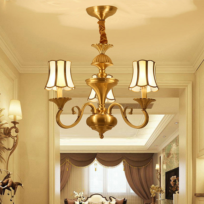 Frosted Glass Gold Pendant Chandelier Flared 3/6 Lights Colonialism Ceiling Hang Fixture for Bedroom