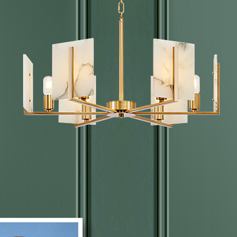 6 Leuchten Kronleuchter Anhänger Licht Colonial Expose Glühmetallsuspensionslampe in Gold mit Rechteck -Marmorplatte
