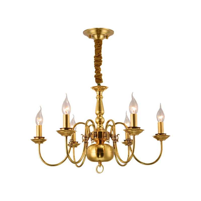 Colonialist Candle Hanging Pendant 6 Heads Metal Chandelier Lighting Fixture in Gold for Kitchen